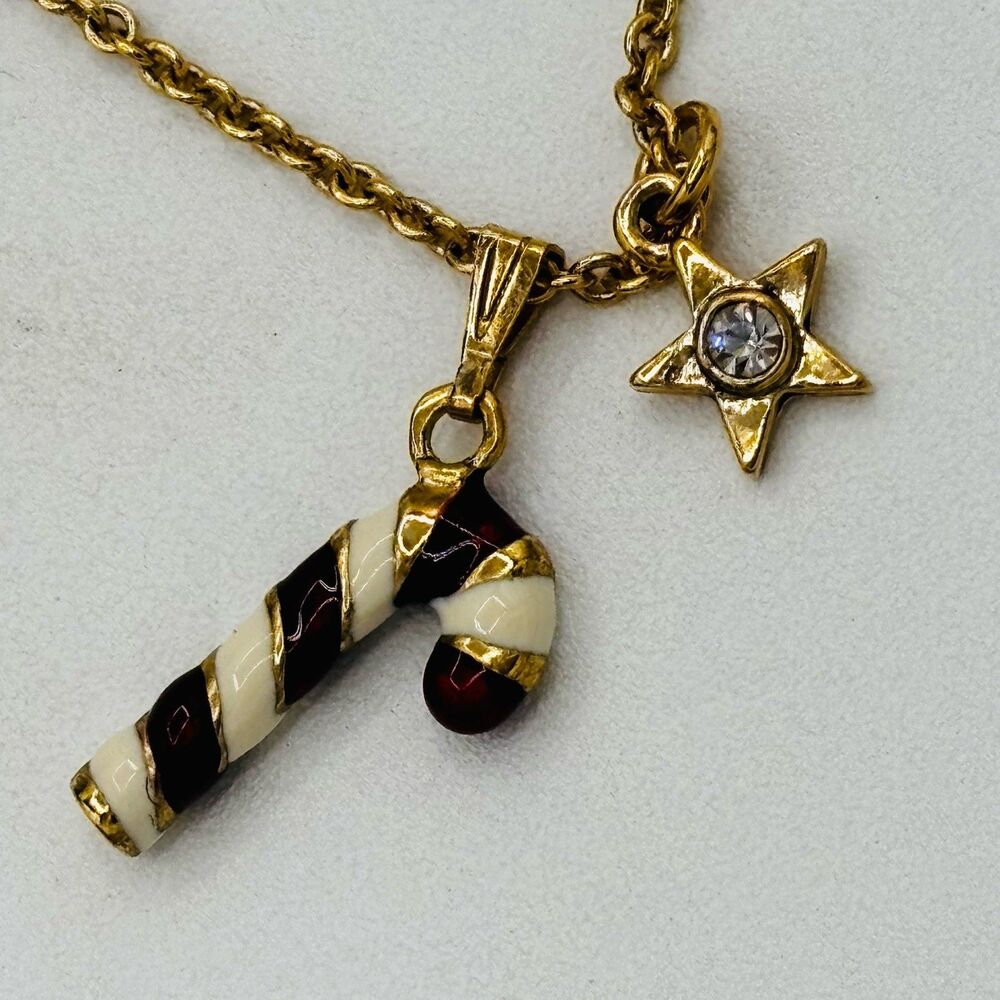 MONET 2008 Necklace Christmas Keepsake Gold Toned Candy Cane & Star CZ